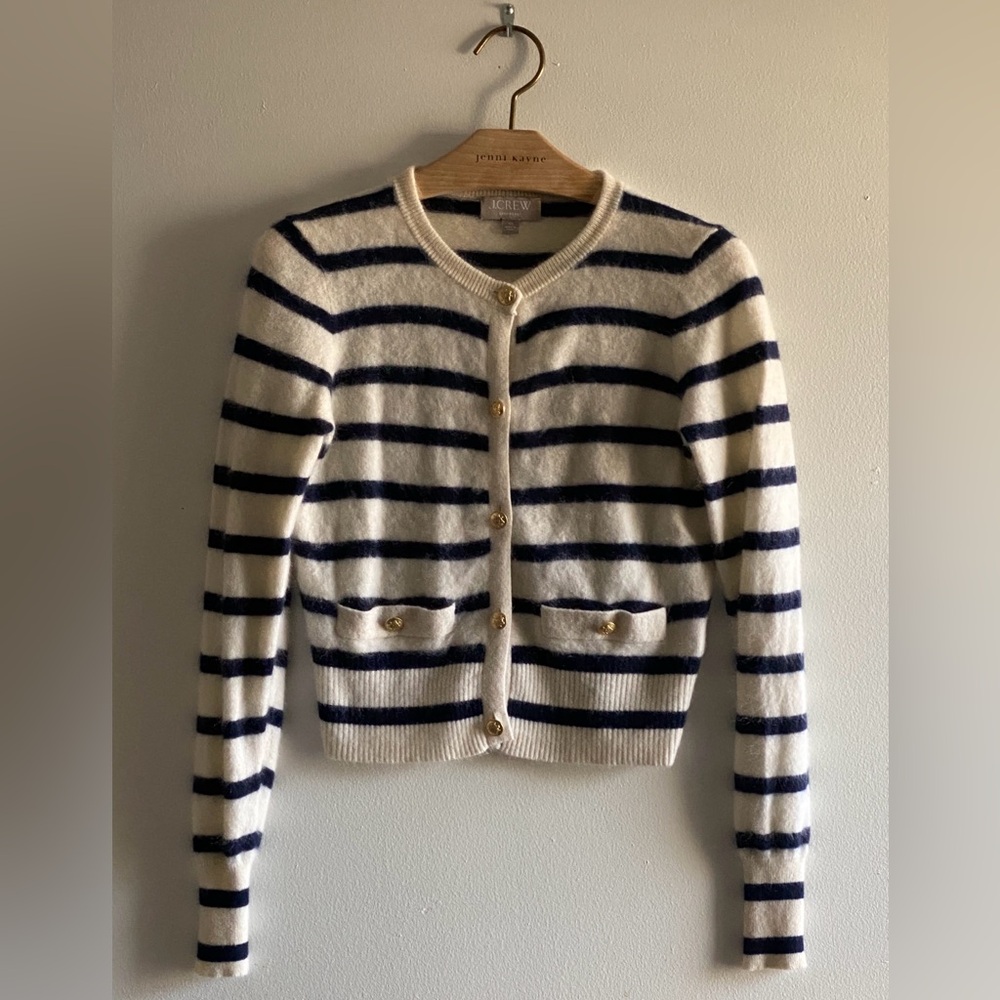 J. Crew brushed cashmere fitted cardigan in stripe w/ gold buttons